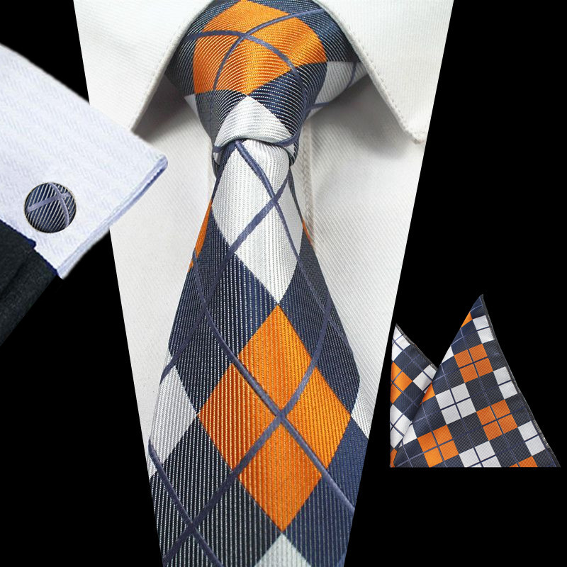 Ricnais Plaid Paisley Tie Set Silk Jacquard Mens Necktie Gravata Hanky Cufflinks Set Pocket Handkerchief Mens Tie for Wedding