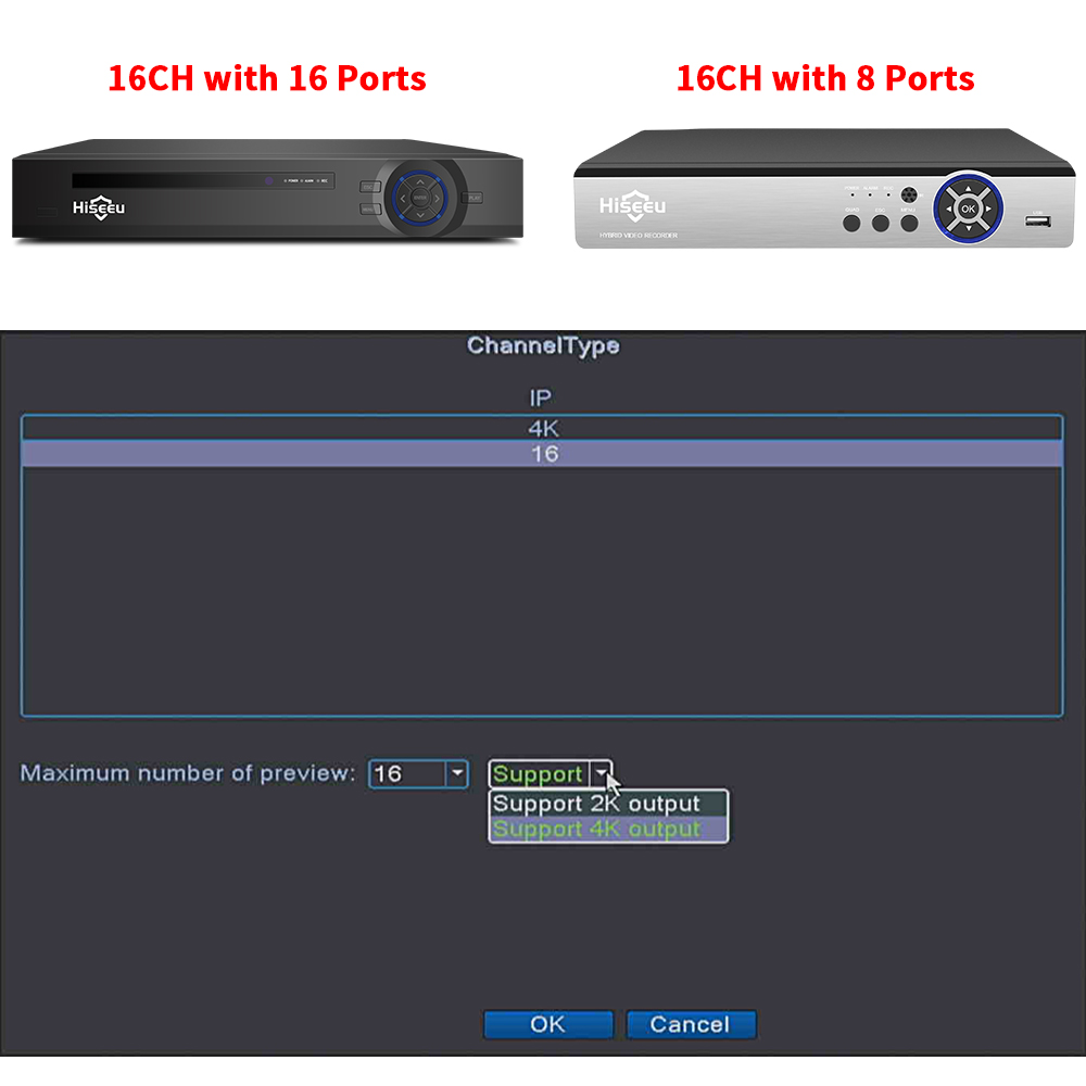 Hiseeu 4K 16CH POE NVR Onvif H.265 Surveillance Security Video Recorder for POE IP Camera (1080P/3MP/4MP/5MP/8MP/4K)
