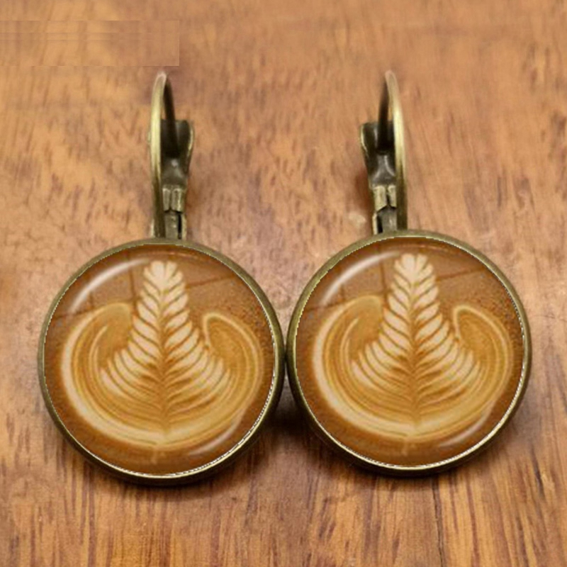 Coffee latte carving love art glass earrings chocolate print flower four leaf clover glamour jewelry gift for women girls