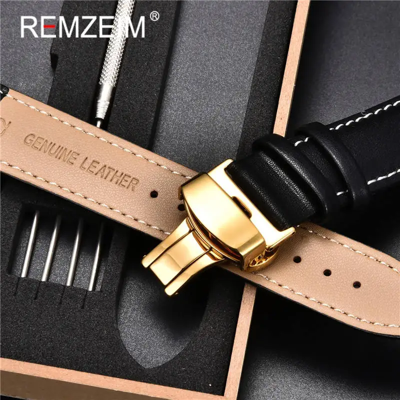 REMZEIM Soft Calfskin Leather Watchbands 18mm 20mm 22mm 24mm Straps Automatic Butterfly Clasp Watch Accessories With Box