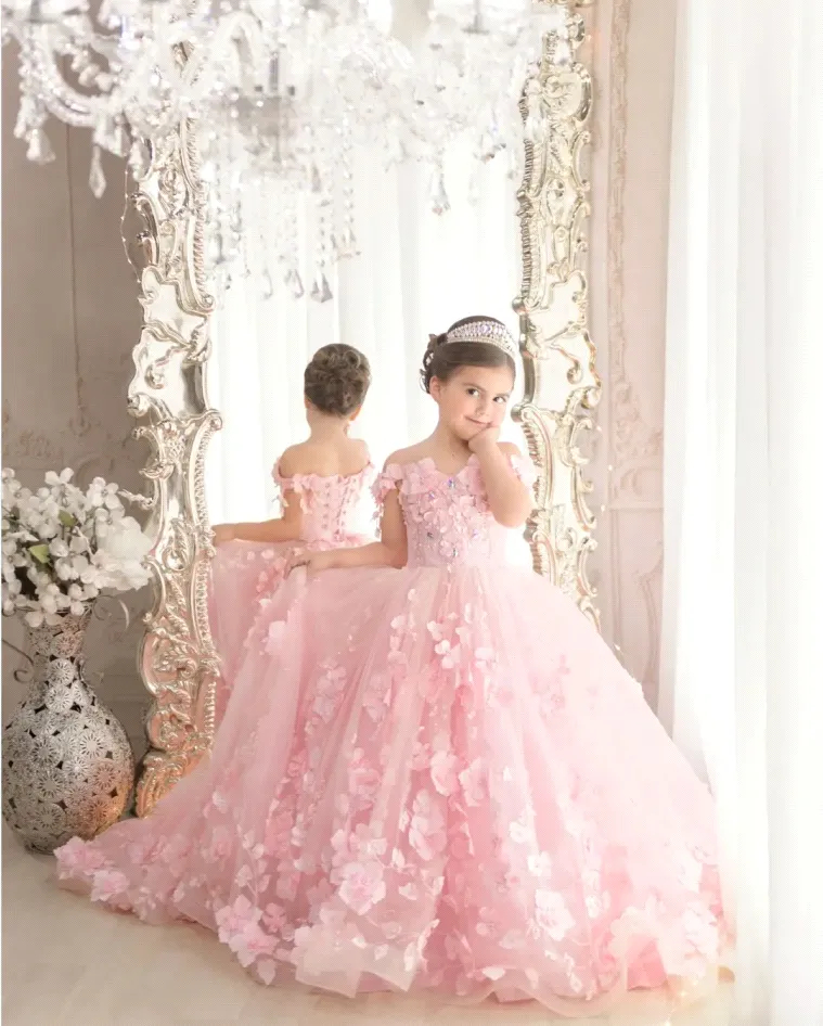 Princess Pink Flower Girls Dresses 3D Floral Appliques Off Shoulder Ball Gown Sweety Birthday Party Dress Toddler Kids Formal Wear Graduation Christen