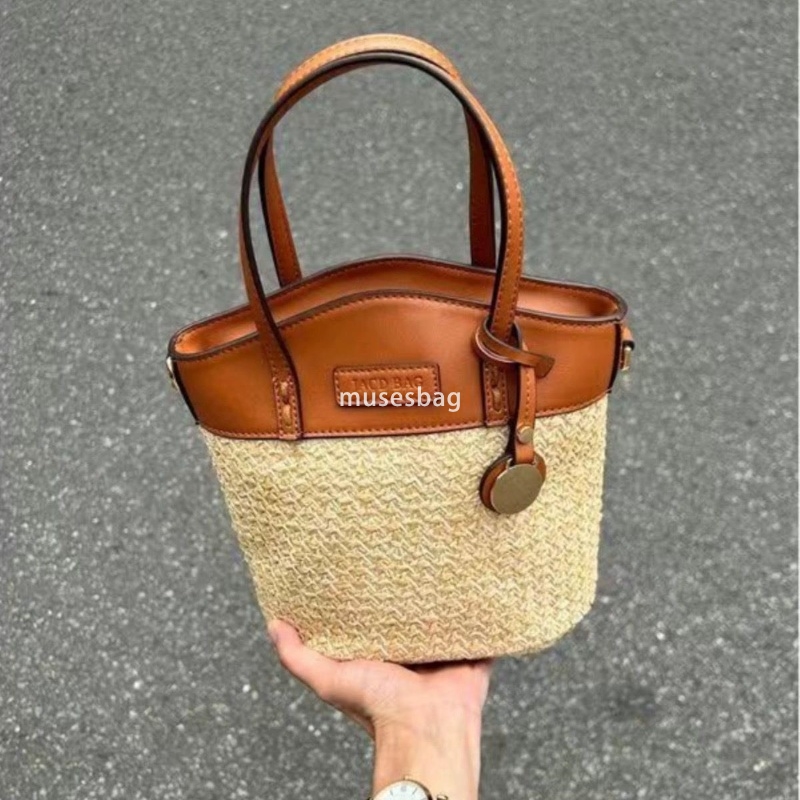 High quality women's fashionable and practical multi-functional grass woven beach bag splicing handbag niche design retro contrasting color bucke