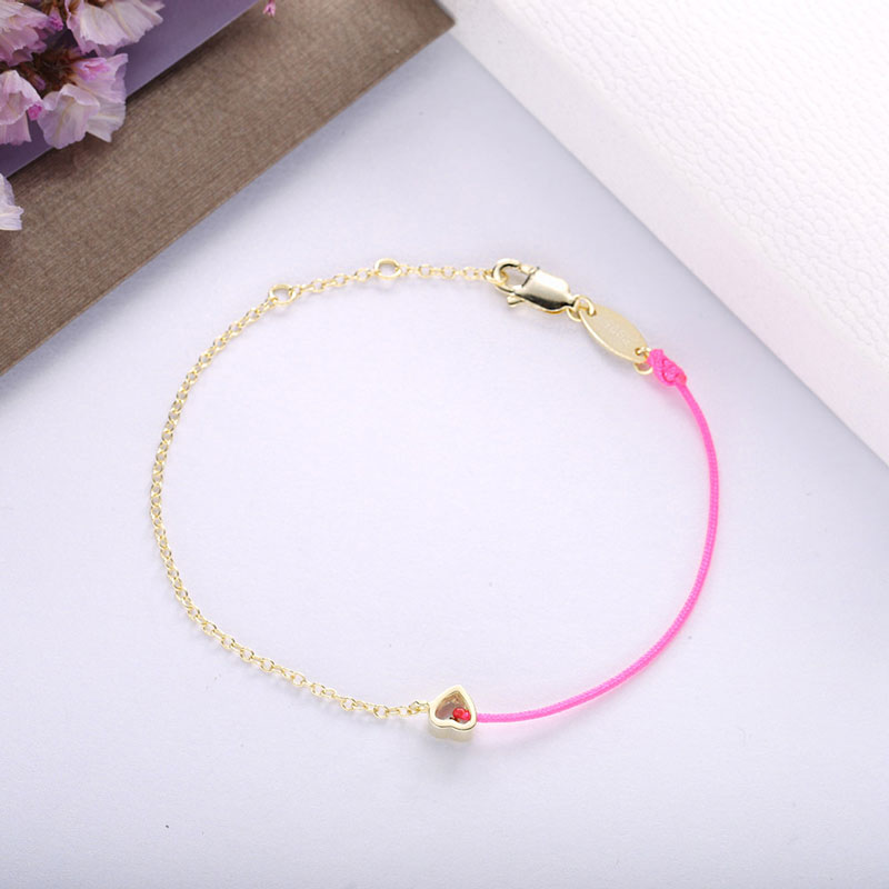 Moonmory 100% 925 Sterling Silver Pink Blue String Heart Crystal Bracelet For Women Half Golden Chain Half Rope Jewelry 0.8mm