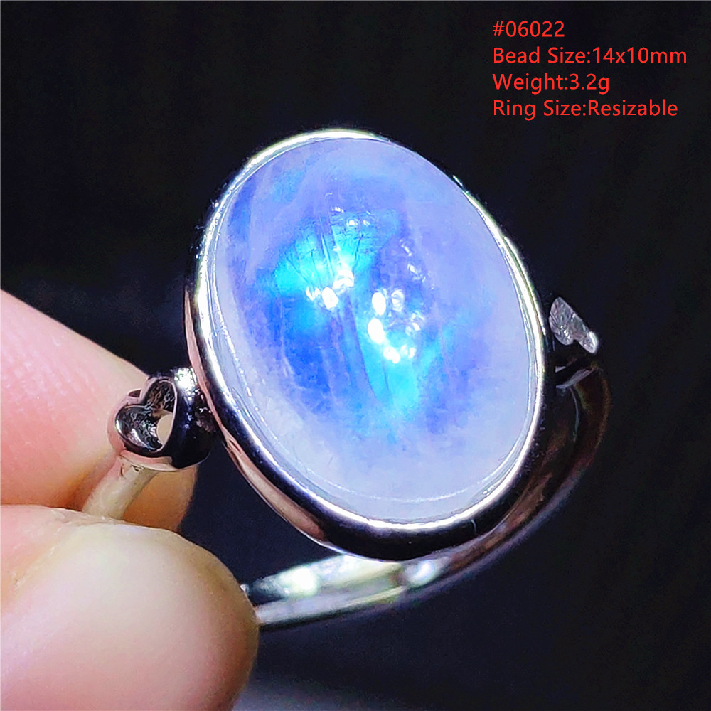 Natural Moonstone Blue Light Adjustable Ring Woman Crystal 14x10mm Oval 925 Sterling Silver Moonstone Beads Stone AAAAA
