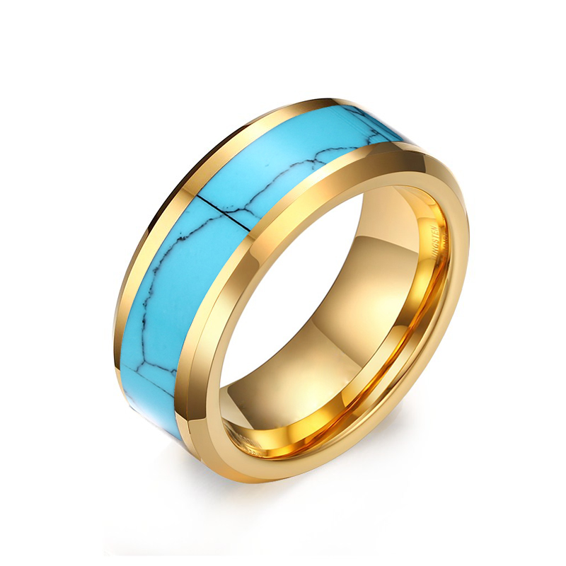 Gold Tungsten ring Blue Turquoise Opal male wedding bands love alliance anniversary promise couple rings for men and women
