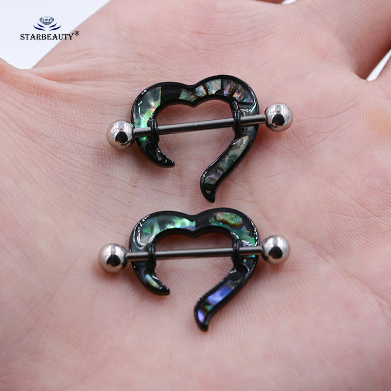 Starbeauty 2pcs/lot New Open Heart Shell Nipple Ring Barbell Surgical Steel 14G Nipple Piercing Jewelry Helix Earrings for Women
