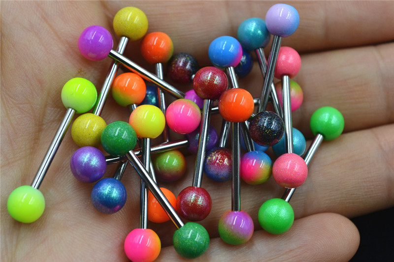 100pcs Body Jewelry Tongue/ Nipple Shield Ring Barbells Straight Bar 14G Double Coloful Candy Balls Body Piercing Jewelry