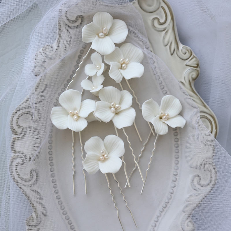 Simple White Ceramic Flower Bridal Hair Clips Pins Pearls Wedding Jewelry Handmade Women Hair Piece