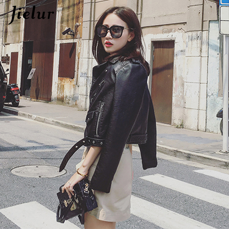 Jielur Autumn Winter Leather Jacket Women Black Zipper Short Coat Slim Korean PU Kpop Leather Clothing Mujer Coat 2021 New S-XL