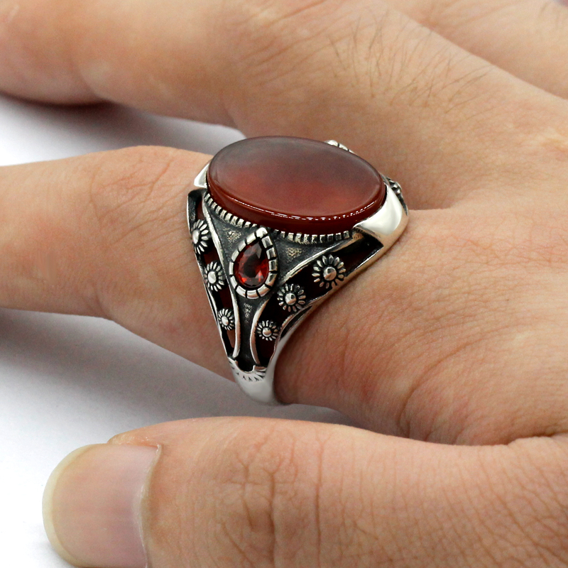 Natural Agate Stone Ring for Men 925 Sterling Silver With Red CZ Thai Silver Unique Design Ring for Male Women Turkish Jewelry