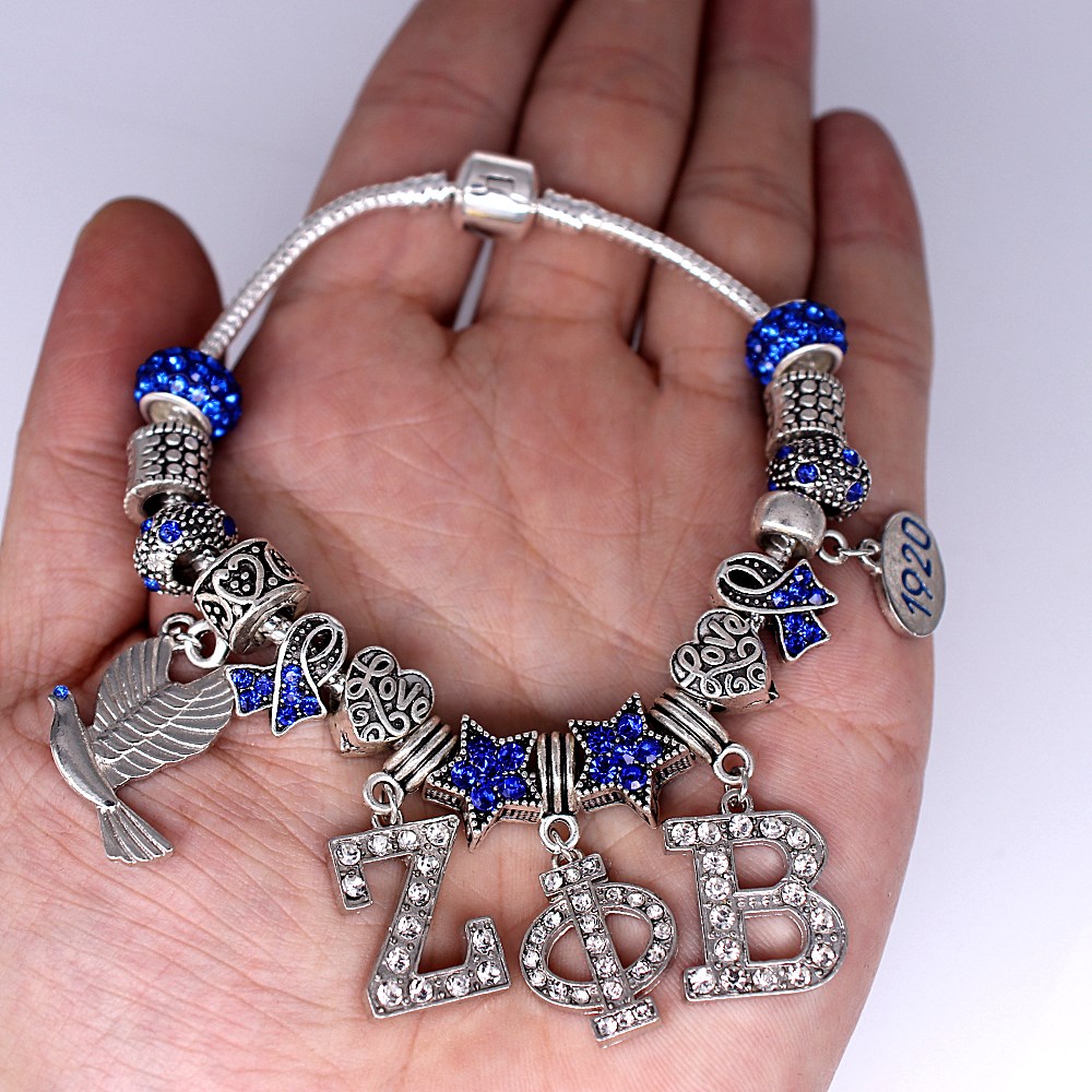 Double Nose Blue Crystal Beads Greek Letters Zeta Phi Beta 1920 Dove Charm ZPB Bracelets College Group Souvenir Gifts