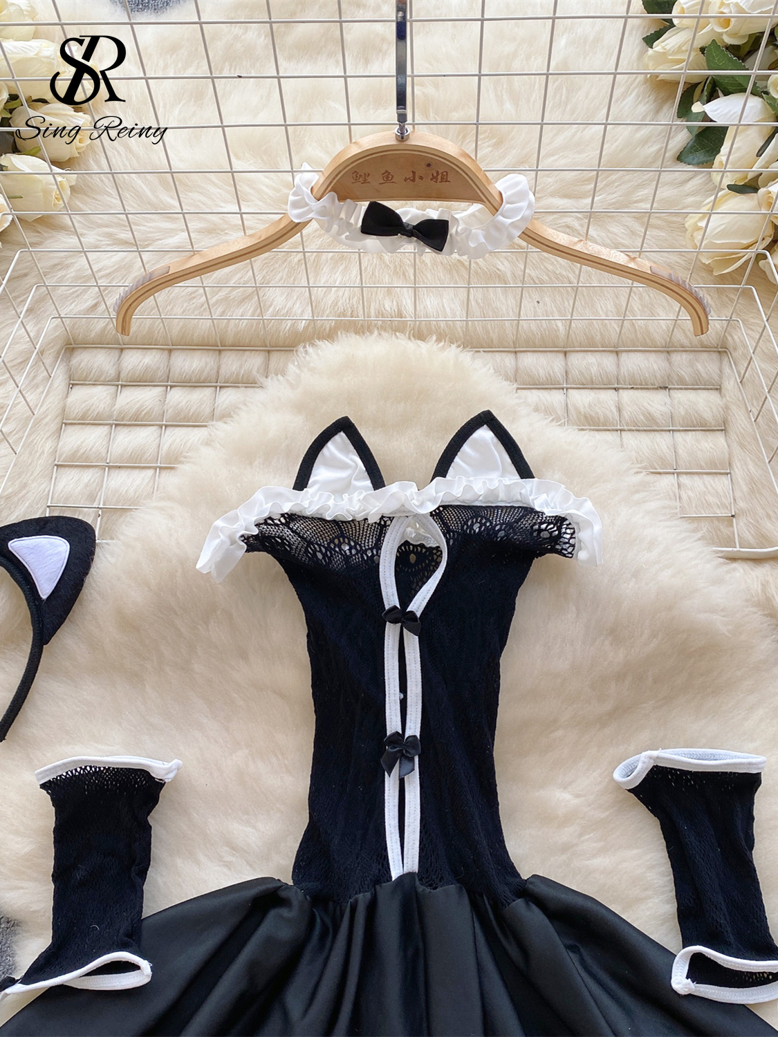 SINGREINY Erotic Uniform Sheer Sexy Pajamas Women Lace Hollow Out Slim Nightwear Hotsweet Cat Cosplay Mesh Porn Underwear Sets
