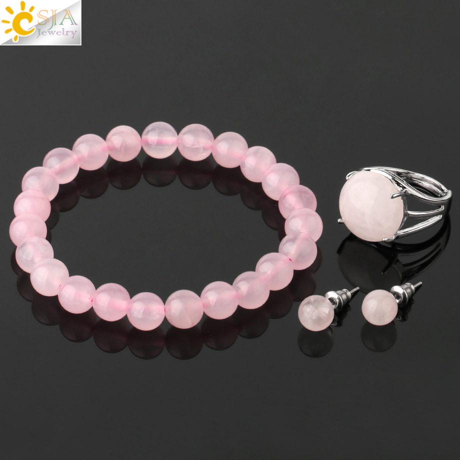 CSJA Natural Stones Jewelry Sets Healing Pink Quartz Purple Crystal Green Aventurine Stud Earrings Bracelets Ring for Women G369