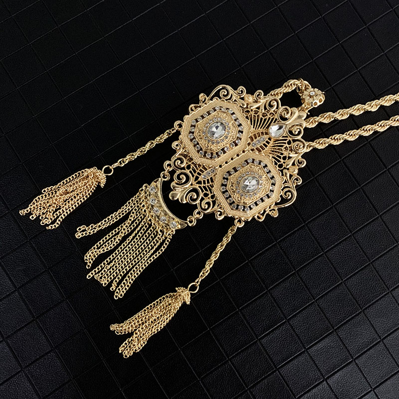 Ethnic Wedding Jewelry Chain with Rhinestone Gold Color Tassels Chain Necklace Algeria Morocco Traditional Bridal Pendants
