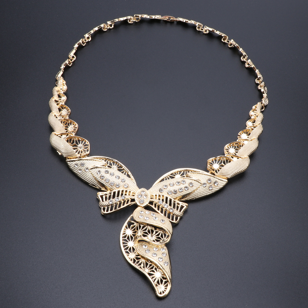 Classic Dubai Gold Color Jewelry Sets Charm Bridal Crystal Necklace Earrings Ring Bracelet Ethiopian Women Wedding Jewelry Set