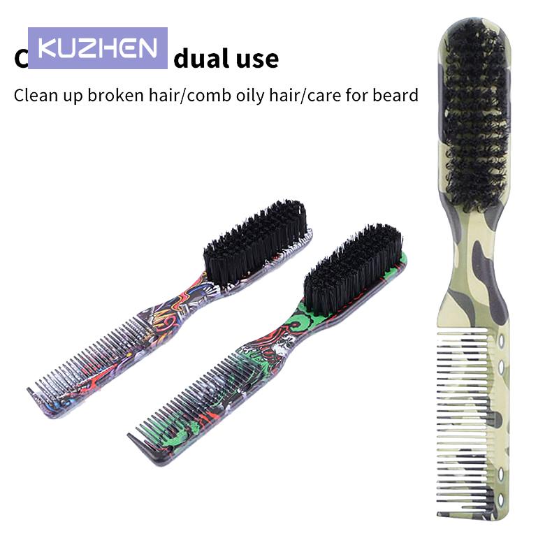 2 in 1 Beard Styling Brush Professional Shave Beard Brush Barber Vintage Oil Head Shape Carving Cleaning Brush with Comb
