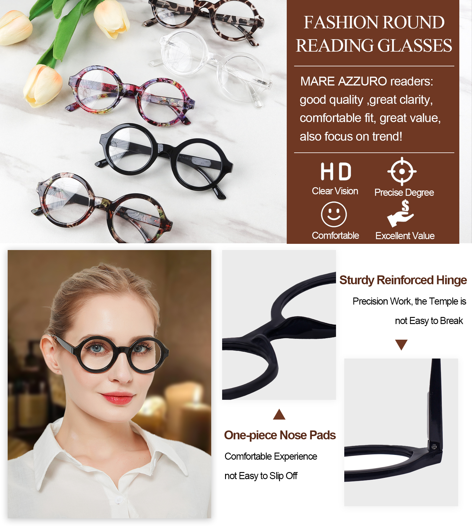 Reading Glasses Women Round Blue Light Eyeglasses Frame Vintage Magnifier Eyewear Circle Anti-glare Hyperopia Glasses Decorative