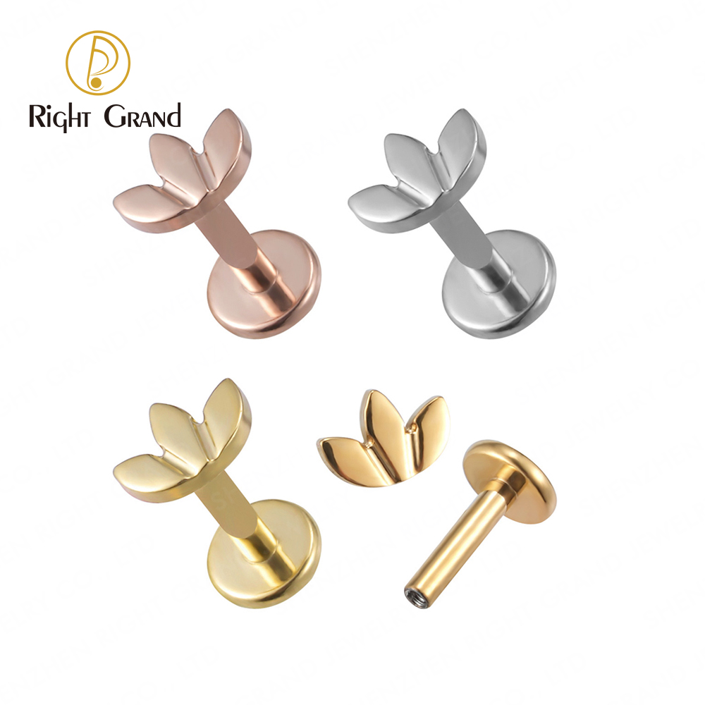 Right Grand ASTM F136 Titanium 16G Leaf Labret Studs Monroe Cartilage Earring Flat Back Lip Rings