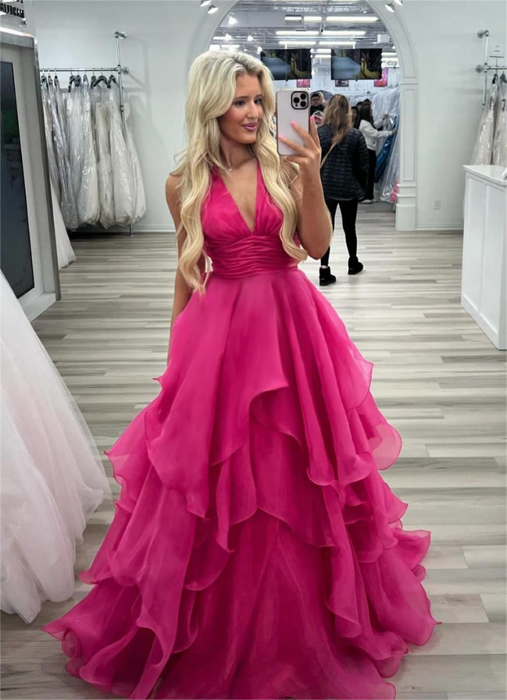 Long Prom Dresses Deep V-Neck Pleats Ball Gown Organza Plus Size Formal Occasion Evening Party Gown Pd20