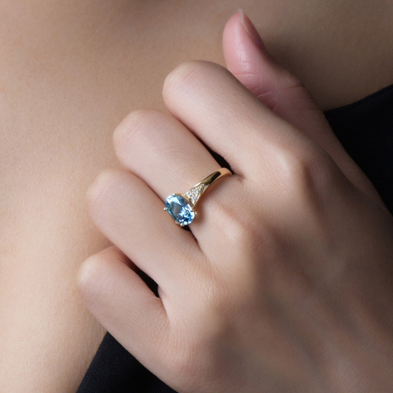 Chic Sea Blue Crystal Topaz Aquamarine Gemstones Diamonds Rings for Women 18k Gold Filled Jewelry Finger Bands Trendy Accessory