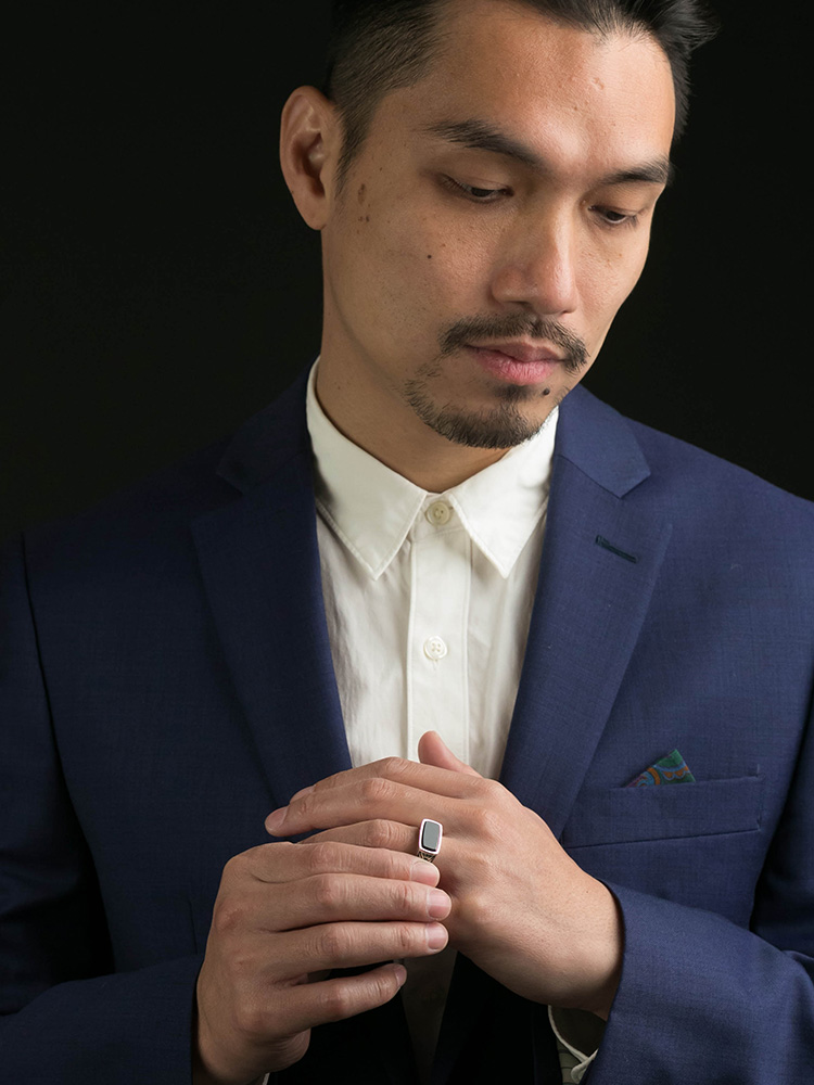 Ruibeila atmospheric vintage wheat ear black agate ring men S925 silver square oval ring jewelry