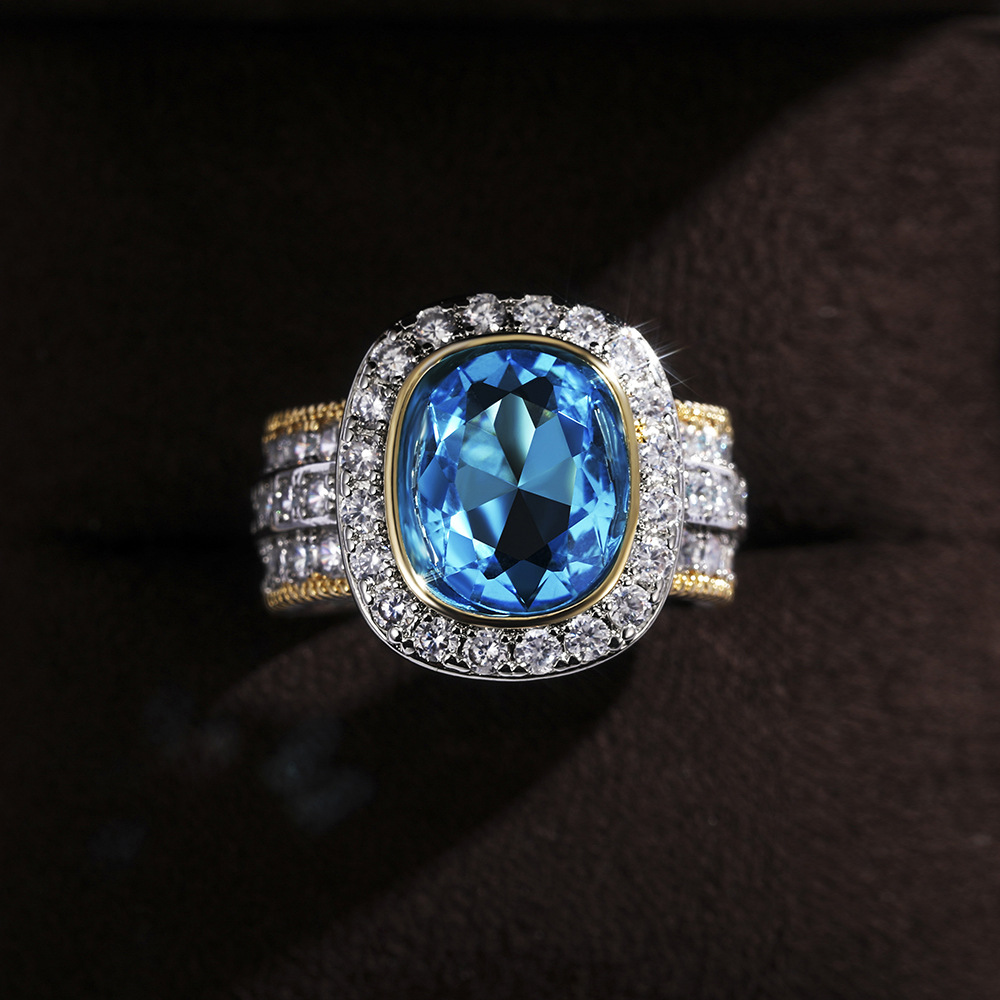 Gorgeous Stunning Wedding Rings Luxury Jewelry Elegant Sterling Silver Gold Fill Large Aquamarine CZ Diamond Party Eternity Women Bridal Ring Gift