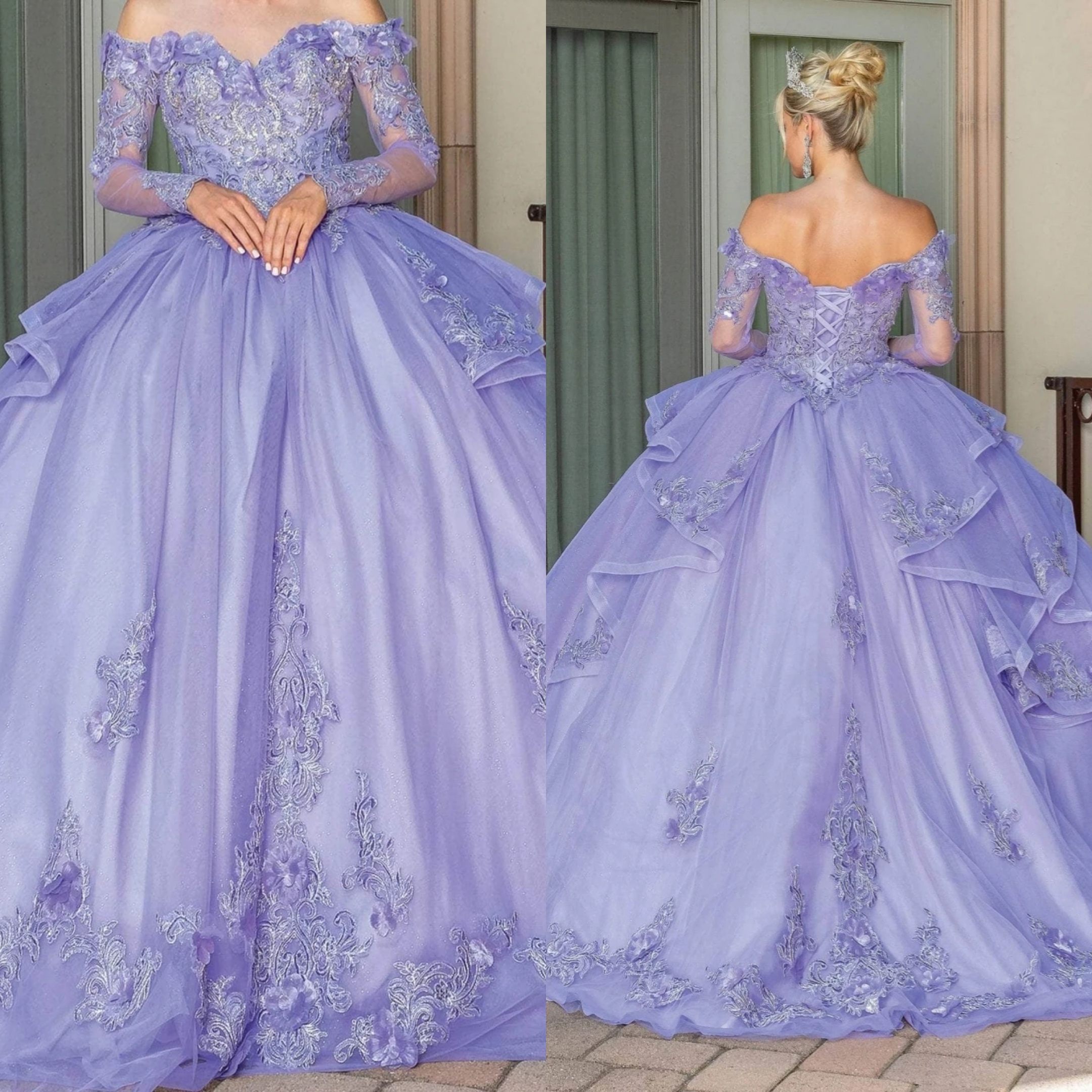 Illusion Quinceanera Dresses Off Shoulder Long Sleeves Ball Gowns 3D Appliques Lace Up Sweep Train Dress For Party Custom Made