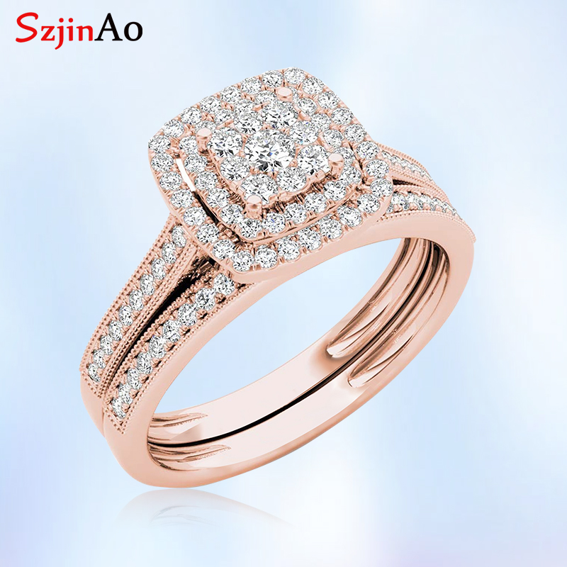 Szjinao Classic Rose Gold Color Wedding Rings for Women Men Solid 925 Sterling Silver Ring Sets Bohemia CZ Diamant Fine Jewelry