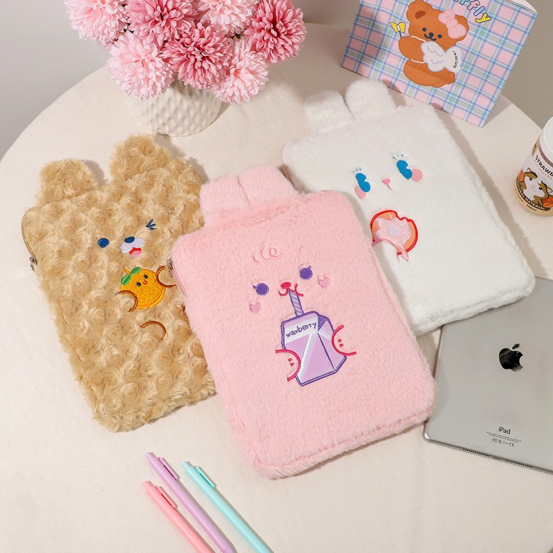 Flannel Bear Handbag Soft 10.5 11inch Mac Ipad Case Holder Cartoon Cotton Travel Business Ipad Case Purse Embroidery Cute Bag