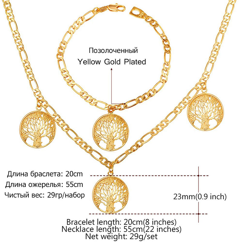 U7 Lucky Bracelet Necklace Set Trendy Gift Gold Color Charms Tree Of Life Russian Jewelry Set For Women S862