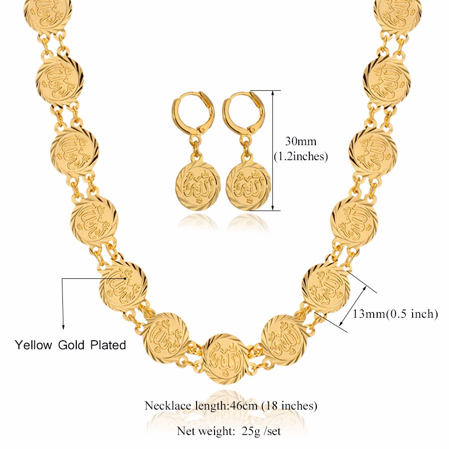 ChainsPro Allah Necklace Earrings Set Round Gold/Silver Color Earrings Necklace Allah Jewelry Sets S6095