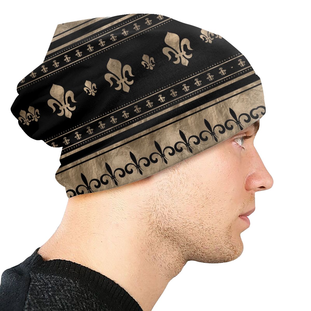 Fleur De Lis Luxury Ornament Black And Gold Beanies Caps Unisex Trend Winter Knit Hat Adult Royalty Lily Petals Bonnet Hats