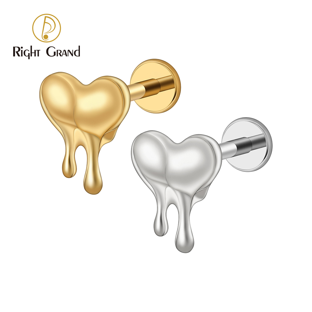 Right Grand ASTM F136 Titanium 16G Melting Heart Earring Love Molten Heart Tragus Helix Cartilage Flatback Stud Piercing Jewelry