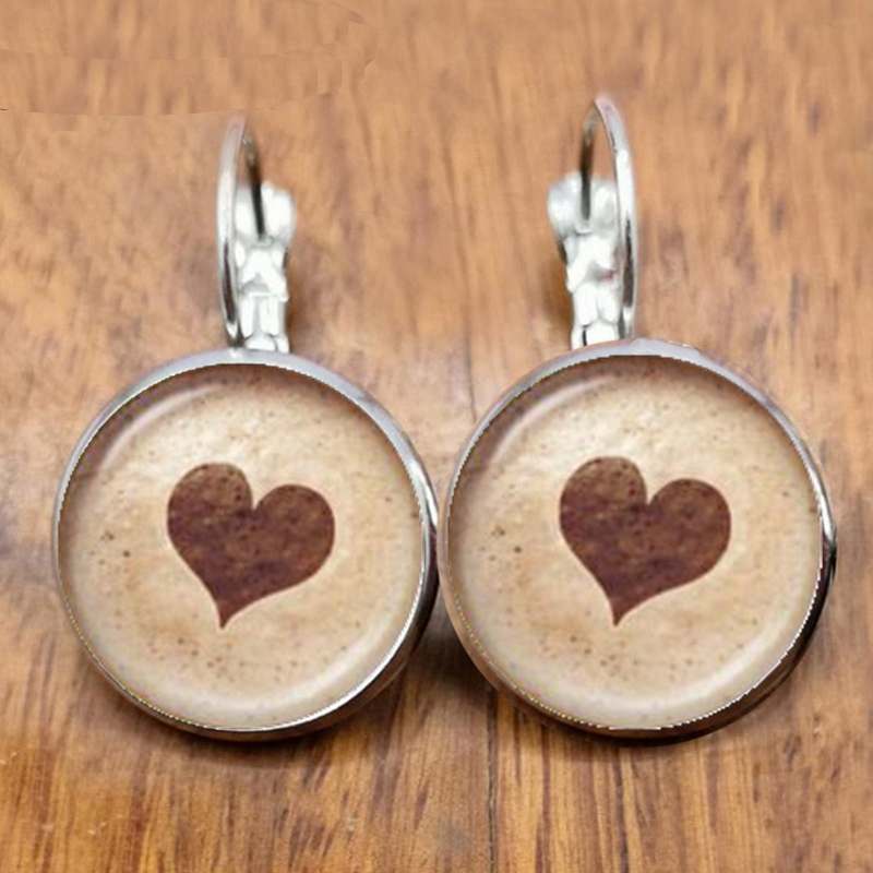 Coffee latte carving love art glass earrings chocolate print flower four leaf clover glamour jewelry gift for women girls