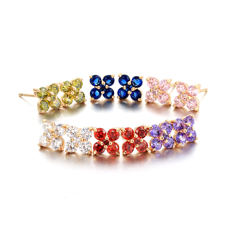 4Colors Cute Four Petal Piercing Gold Color Small Clover Flower CZ Stud Earrings for Women Children Girls Baby Kids Jewelry Aros