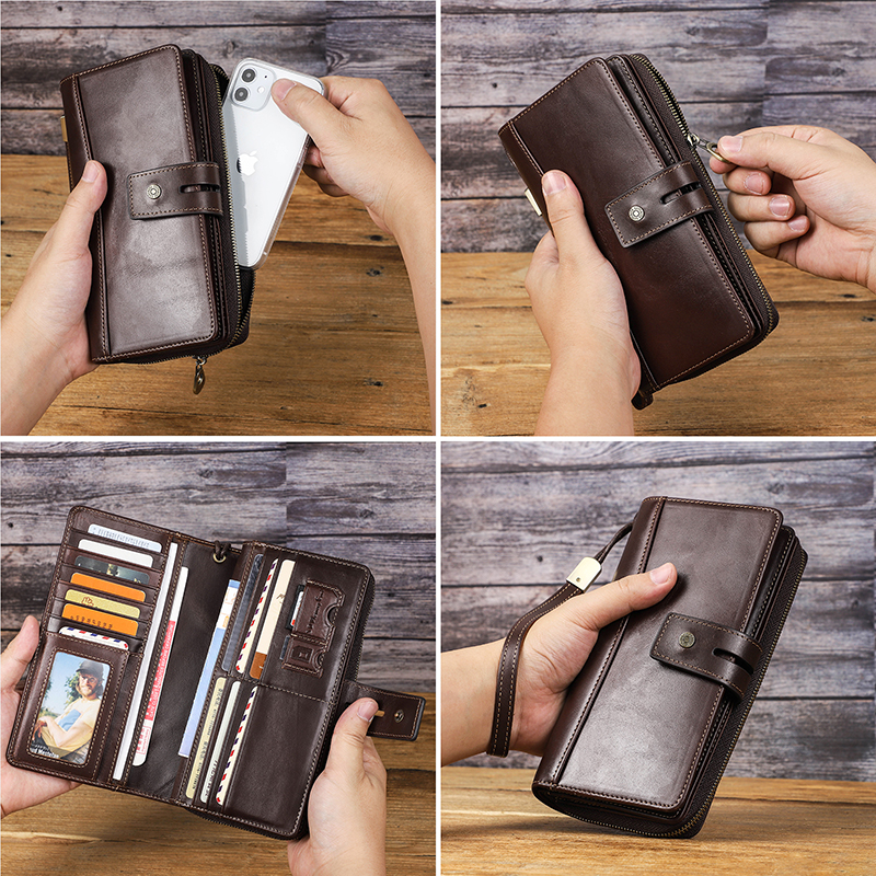 CONTACT'S Crazy Horse Leather Men's Wallet Long Clutch Card Holders For Men Cowhide Purse Wallet With Phone Holder Carteira Male