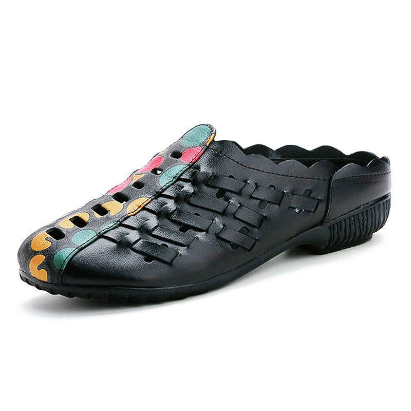 FHC Mum's Soft Leather Slippers,Women Summer Shoes Mules,Close Toe Slides,Low Heels,Comfortable for Wearing,Black,Red,Dropship