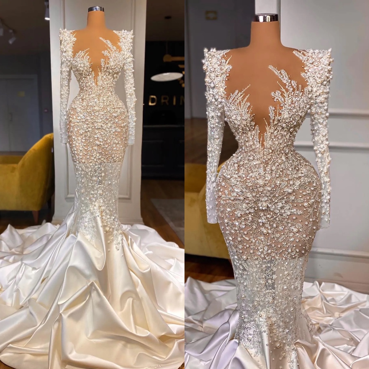 Exquisite Mermaid Wedding Dresses Pearls Long Sleeves Sheer V Neck Bridal Gowns Sequins Beaded Sexy Folds Train Or Length Abiti Da Sposa Robe De Maria