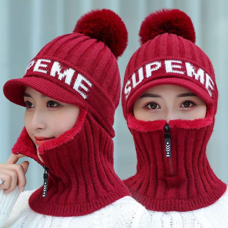 Winter Ski Hat Scarf Continuous Zipper Neck Guard Riding Warm Thick Knitted Woolen