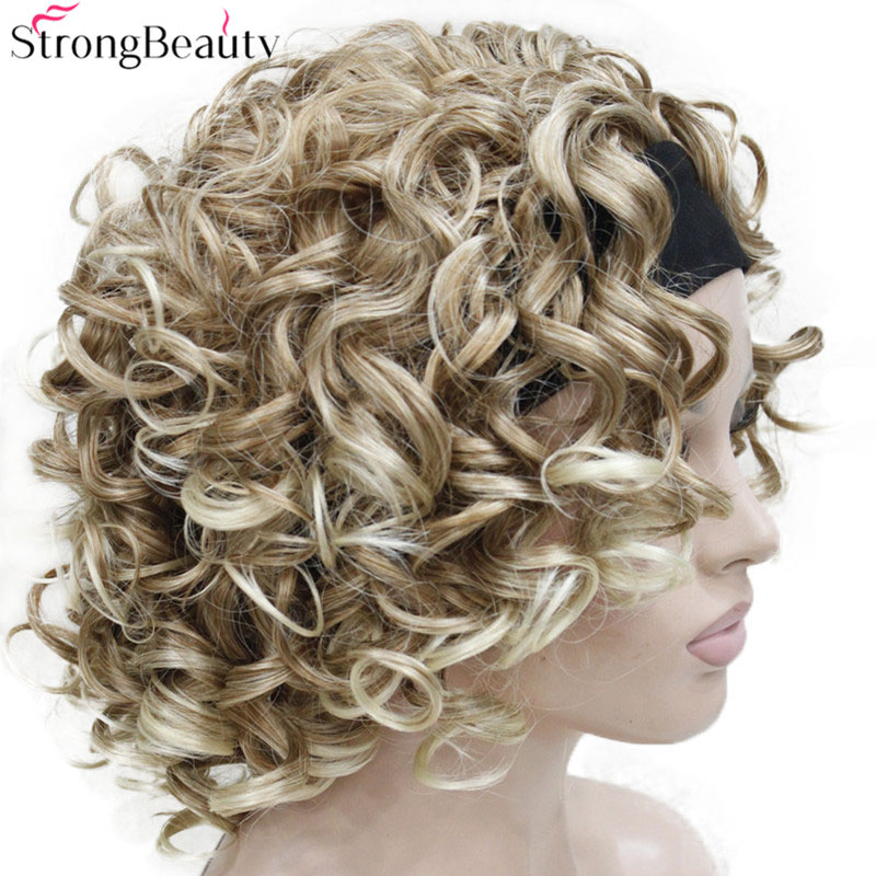 StrongBeauty Short Curly Synthetic Wigs with Headband Women Blue/Gray/Black/Red/Blonde/Brown Wigs 3/4 Half Wig for Lady