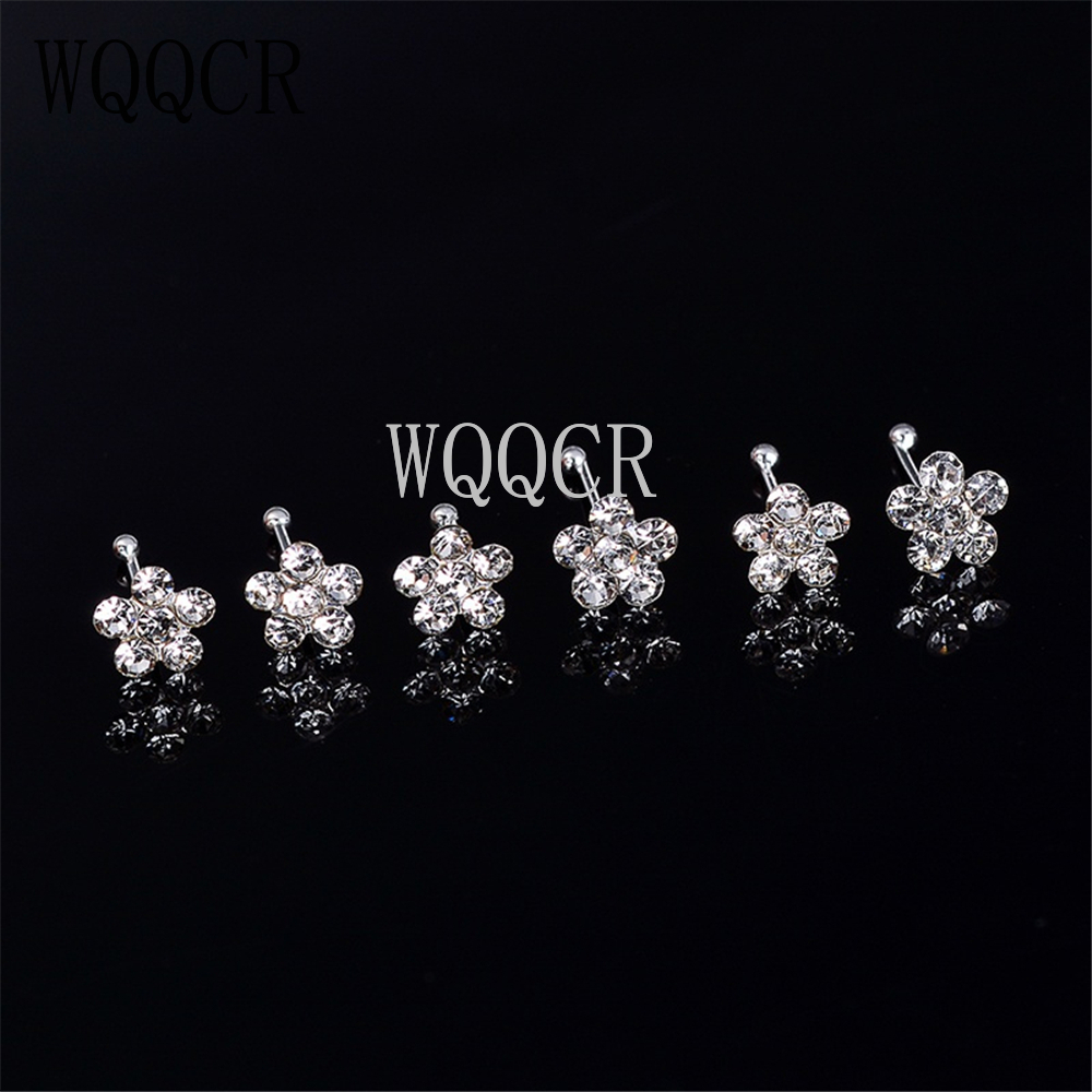 20 PCS/1 Box 925 Sterling Silver Nose Stud Nose Ring Body Puncture Jewelry Flower Crystal Nail Puncture Needle