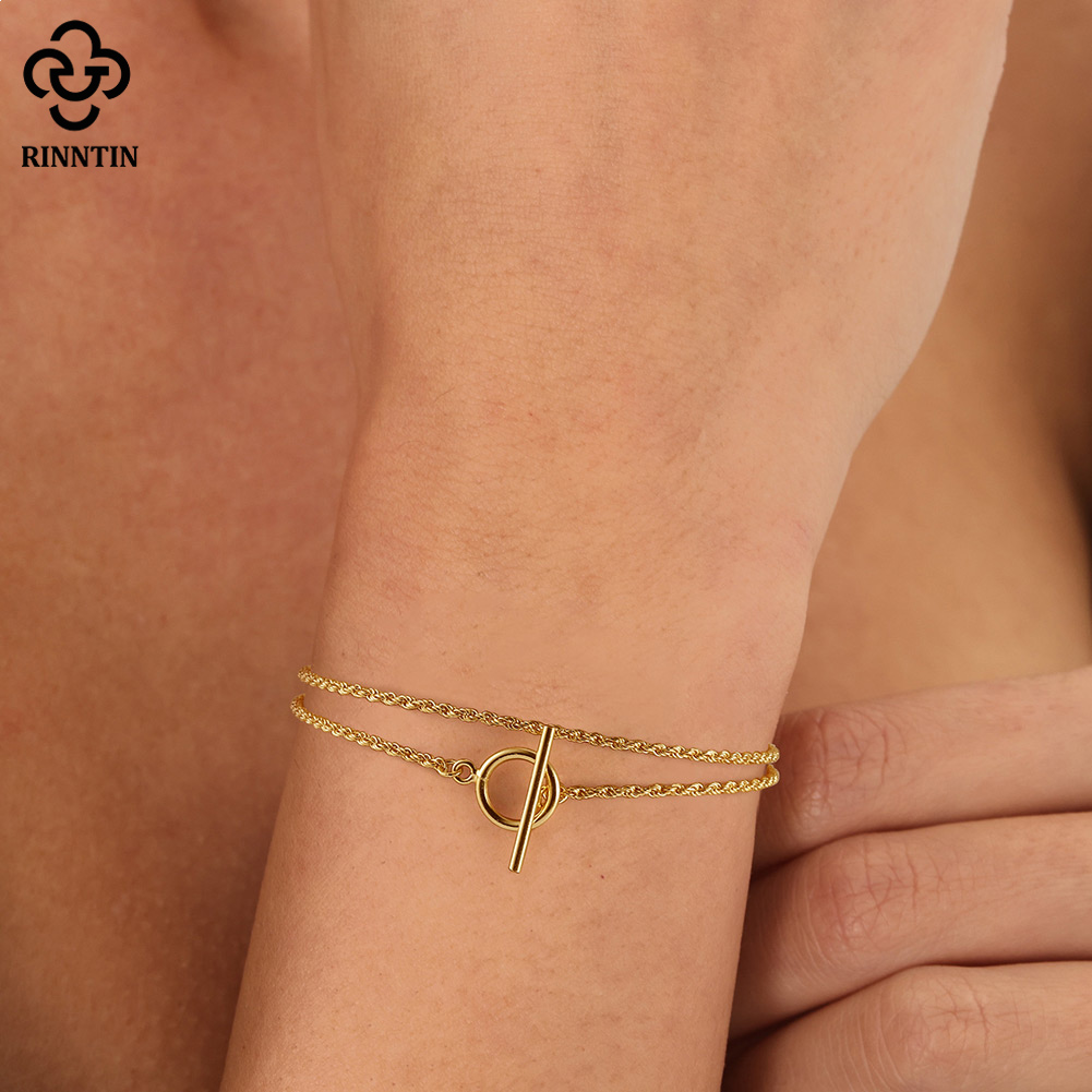 Rinntin Trendy Italian OT Toggle Clasp 925 Sterling Silver 1.5mm Braided Chain Bracelet 14K Gold Plated for Women Jewelry SB121