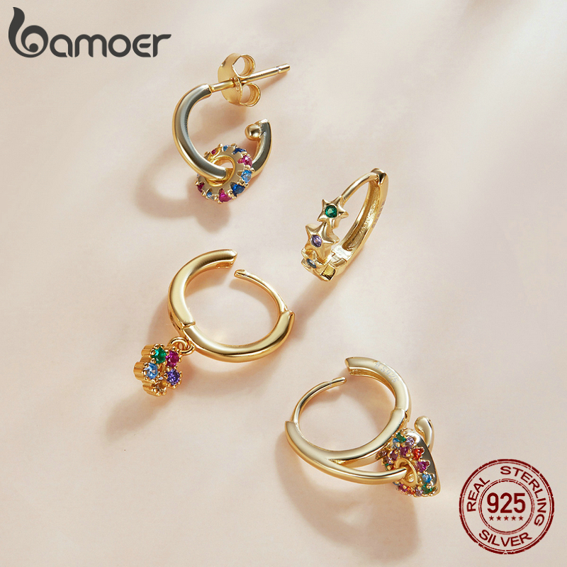 BAMOER 925 Sterling Silver Mono-earring Spanish Gold Pentagram Colorful Circle Heart Flower CZ Starfish Stud Earrings Jewelry