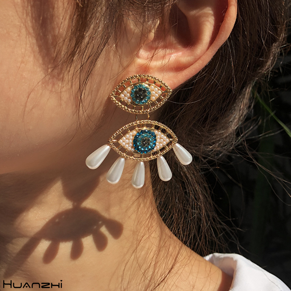 New Trendy Golden Devil Eye Rhinestone Pearl Punk Vintage Stitching Long Drop Earrings HUANZHI 2021 for Women Girls Jewelery