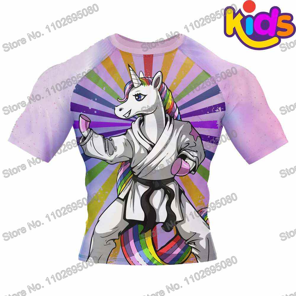 Kids Unicorn Surf Clothing BJJ MMA Boys Rash Guard Short Sleeve Diving T-Shirt Tight Swimwear Summer Beach Floatsuit Girls Tops