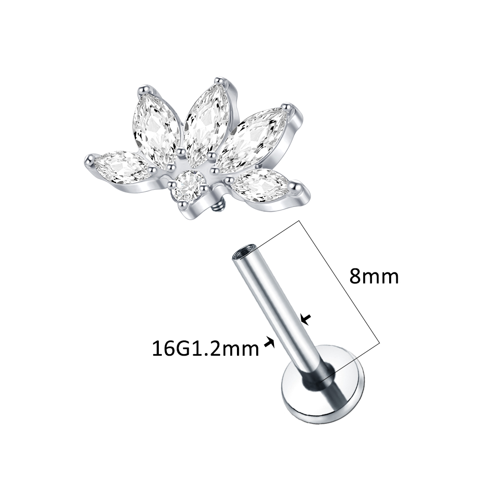 1PC 16G Titanium Marquise CZ Cartilage Helix Conch Lobe Stud Earring Piercings Flat Back Earring Lip Labret Stud Women Jewelry