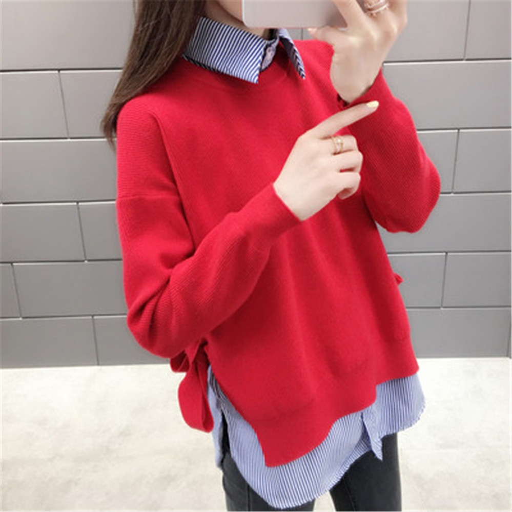 Pullover Women Solid Spring Lace Up Stylish Side-slit Korean Style Leisure Plus Size 3XL Loose Womens Sweaters All-match Tops