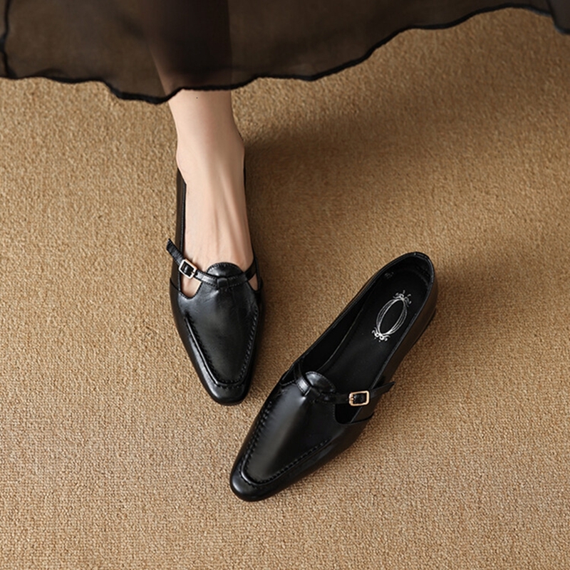NEW Spring/Autumn Loafers Genuine Leather For Square Toe Chunky Shoes Concise Buckle Low Heel Women Pumps