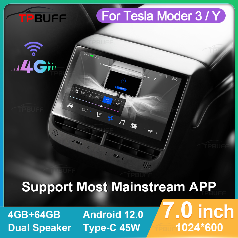 TPBUFF Rear Display 7in for Tesla Model 3 Y 2023 New Air Conditioning Control Panel Screen Entertainment Player System Android12