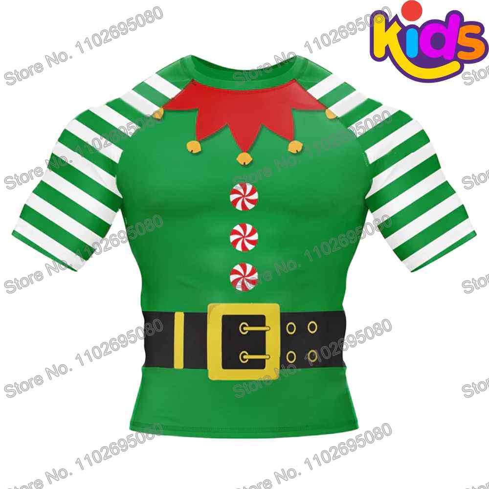 Kids Xmas Santa Claus Surf Clothing BJJ MMA Boys Santa Elf Rash Guard Diving T-Shirt Tight Swimwear Summer Beach Floatsuit Girls